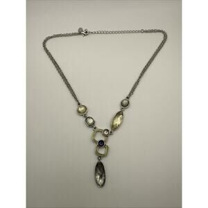 Lia Sophia Necklace Geometric Y Drop Rhinestone Silver‎ Tone 16-19” Adjustable